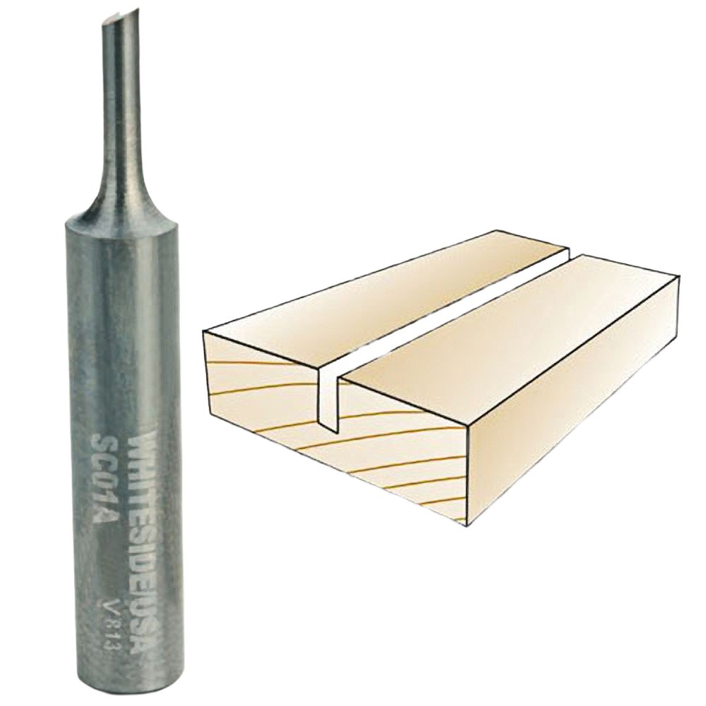 Solid carbide straight router bit next to wood block showing a precise inlay groove for woodworking projects