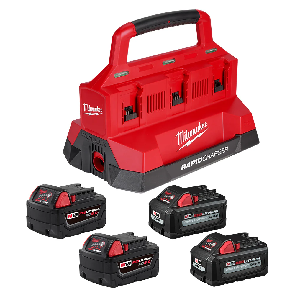 Red Milwaukee six bay rapid charger with two M18 High Output XC6.0 and two REDLITHIUM XC5.0 batteries for power tools collections