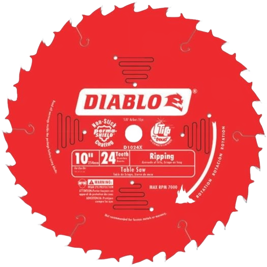Red 10-inch circular saw blade with 24 teeth designed for ripping wood in home improvement projects.
