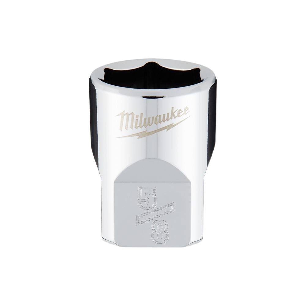 Chrome-plated 5/8 inch standard socket with 3/8 inch drive and four flat sides for improved grip and tool use