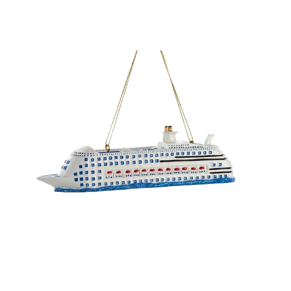 White and blue cruise ship ornament with detailed windows and gold hanging chains for holiday decoration
