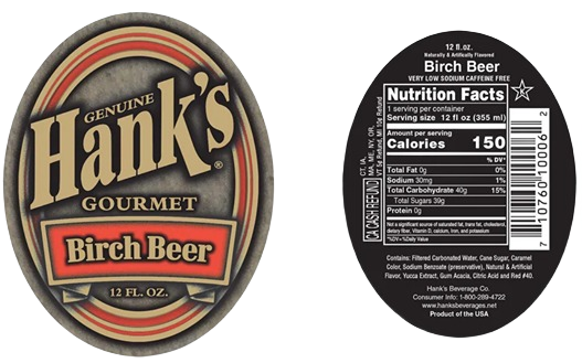 Brown and black vintage-style label for Hanks Birch Beer, shown with nutritional facts, in Drinks and Food & Beverage collections under $50