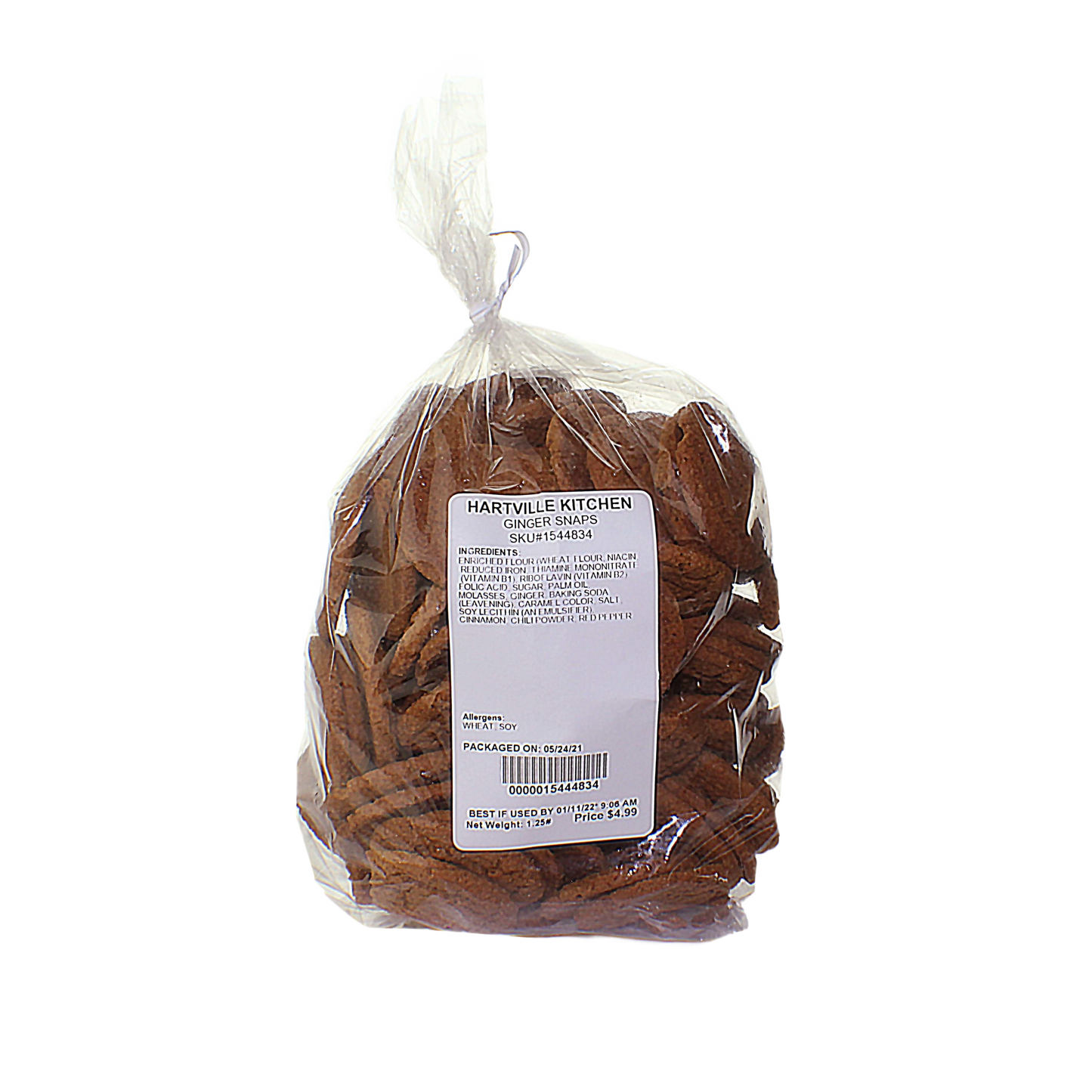 Clear plastic bag filled with spicy ginger snap cookies from Hartville Kitchen in food and beverage collection