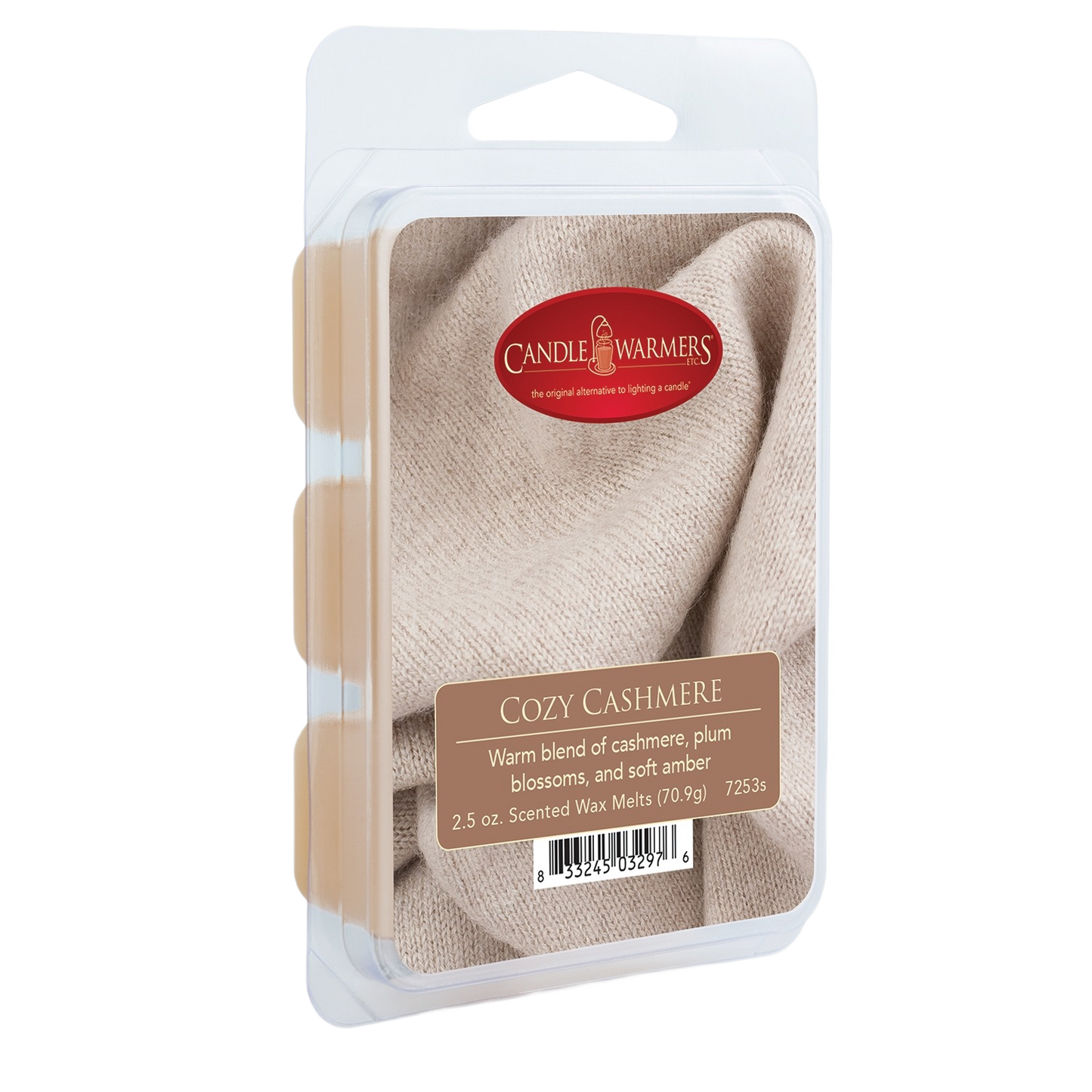 Package of Cozy Cashmere scented wax melts with cashmere, plum blossom, and amber fragrance for home ambiance