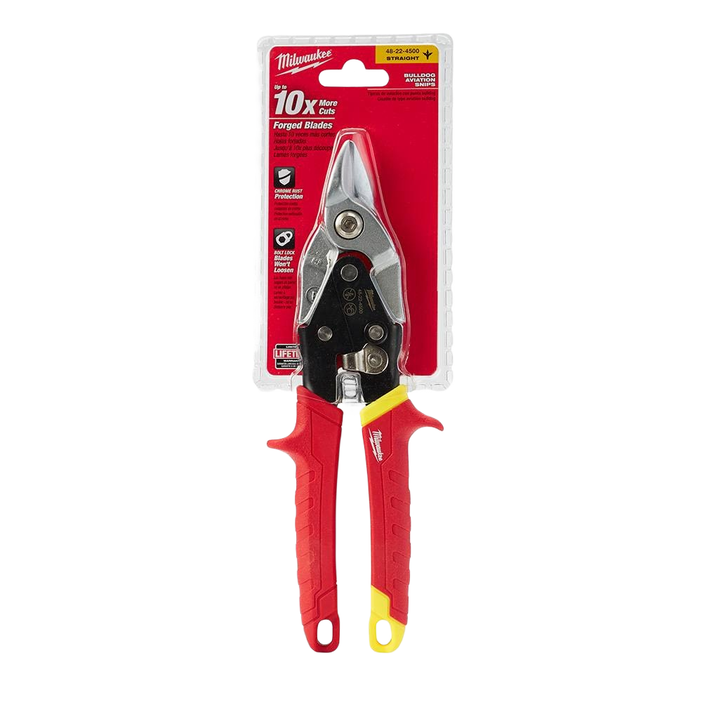 Milwaukee Bulldog aviation snips with forged steel blades and ergonomic red handles for precise cutting in tools and home improvement tasks