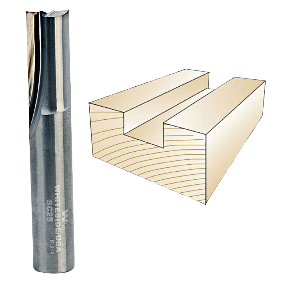 Solid carbide straight router bit beside illustration of a wood groove cut for tool accessories and home improvement.