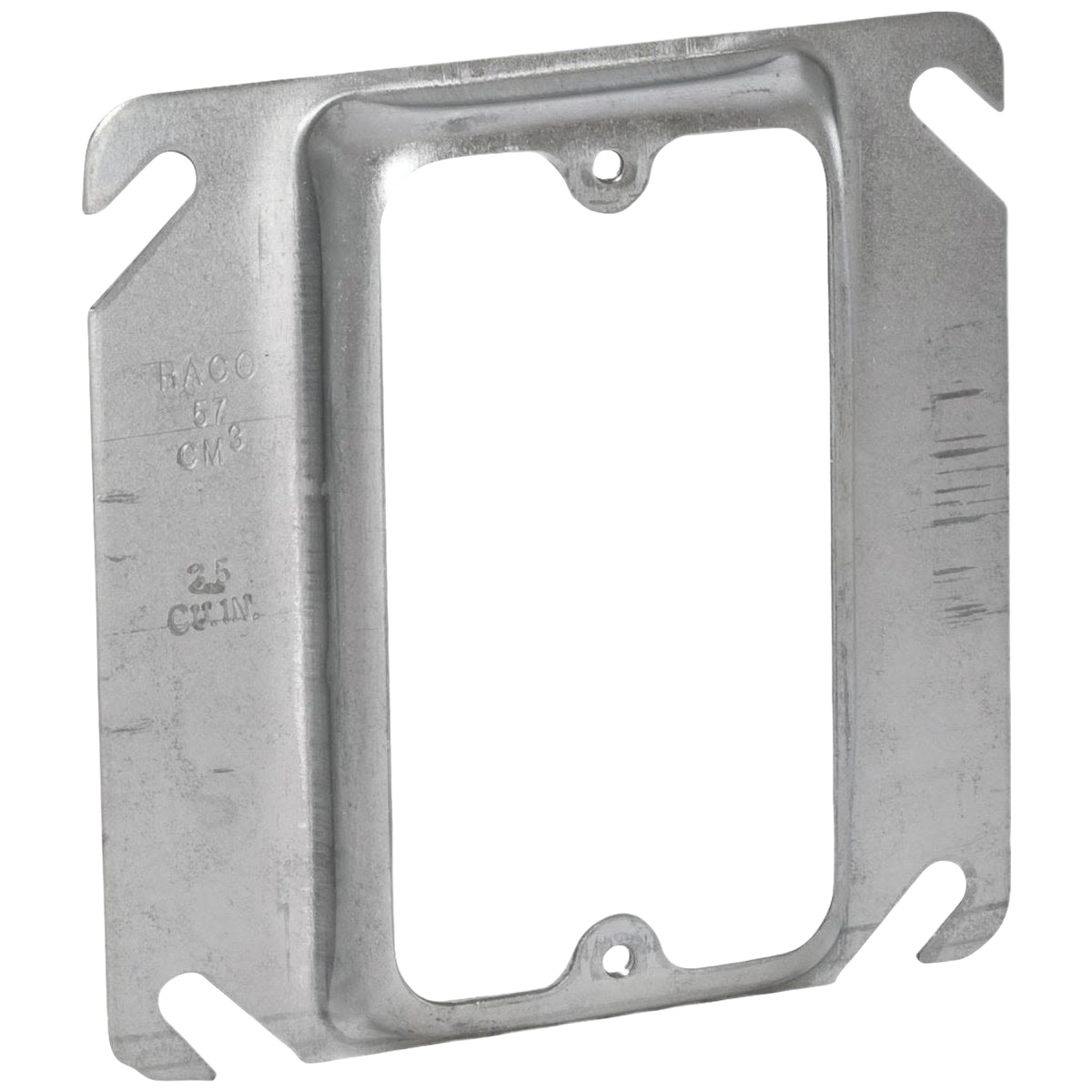 Raised square steel cover plate with mounting holes for single electrical device installation in home improvement projects