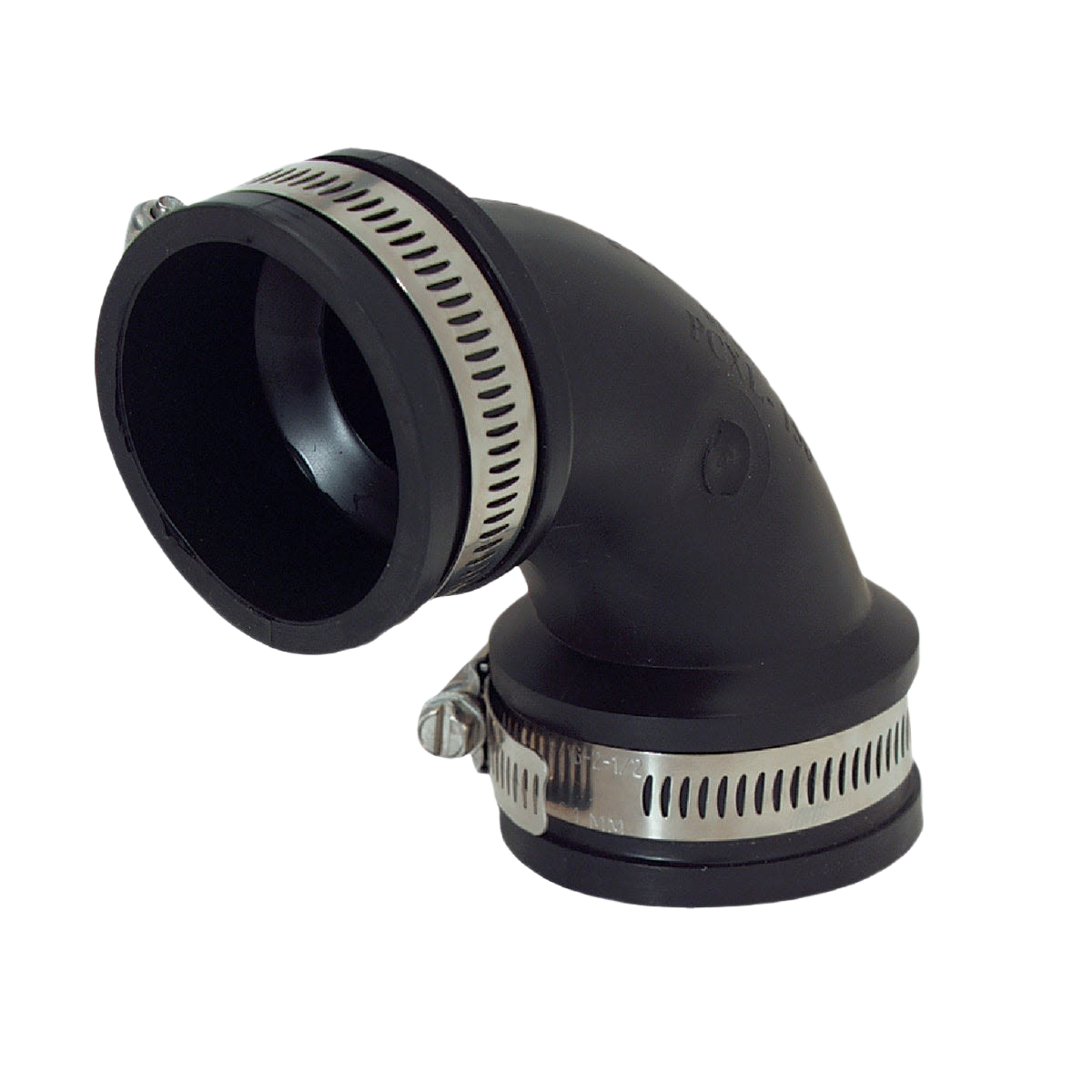 Black flexible 90-degree elbow pipe connector with metal clamps for plumbing and irrigation under $50 category.