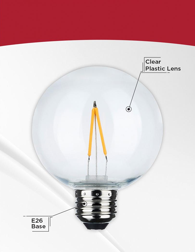 Clear plastic lens LED string light bulb with E26 metal base, suitable for outdoor lighting and home improvement tasks