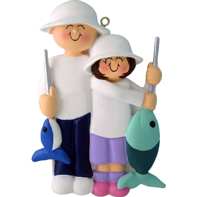 Smiling male and female fishing friends holding large colorful fish for Christmas Ornaments & Tree Decorations under $50