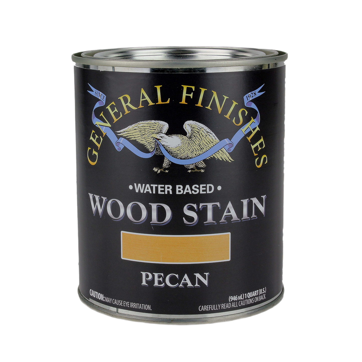 Quart-sized can of pecan-colored water-based wood stain from General Finishes for interior stain and wood finishing projects