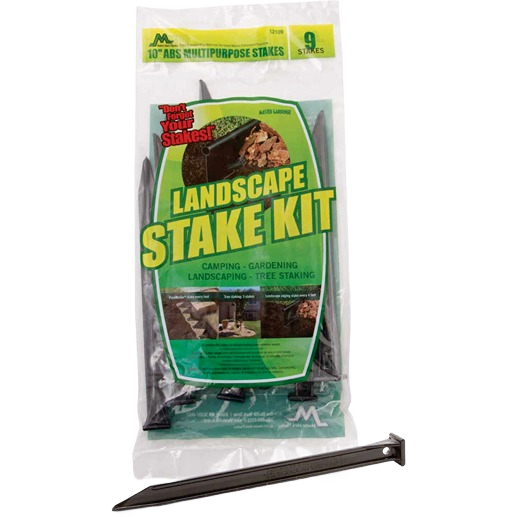 Pack of nine black multipurpose landscape stakes for gardening, camping, and tree staking applications.