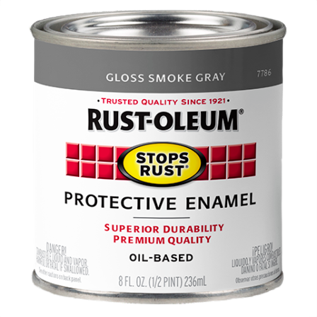 Metal can of Rust-Oleum Stops Rust protective enamel paint in gloss smoke gray for home improvement projects