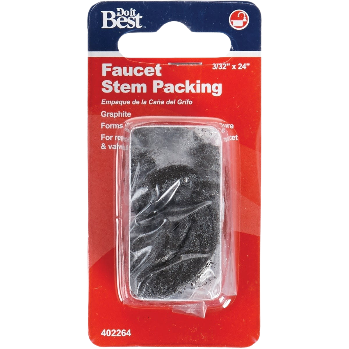 Graphite stem packing in red and black packaging for plumbing repairs in home improvement and plumbing accessories collection