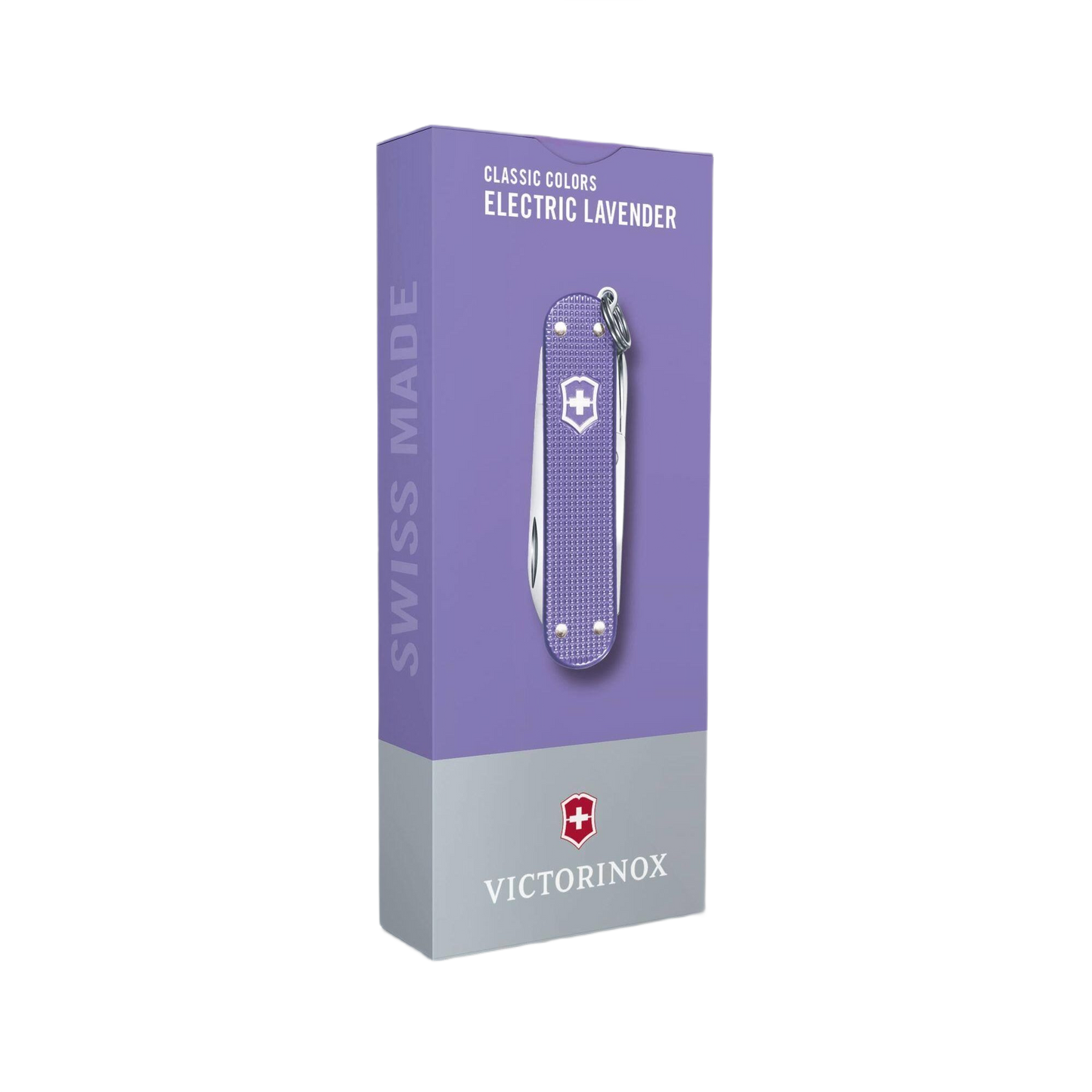 Electric lavender Swiss Army pocket knife in packaging, featuring multi-tool functions for cutting and woodworking tasks.