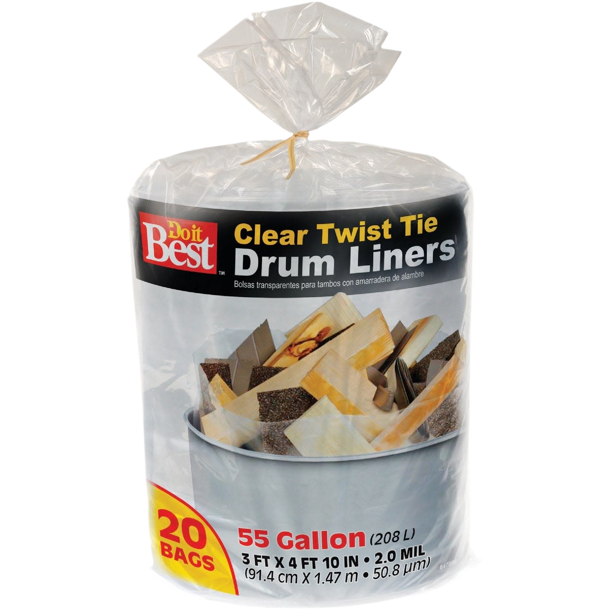 Clear 55-gallon drum liners with twist tie closure for trash and recycling in cleaning and under $50 collections
