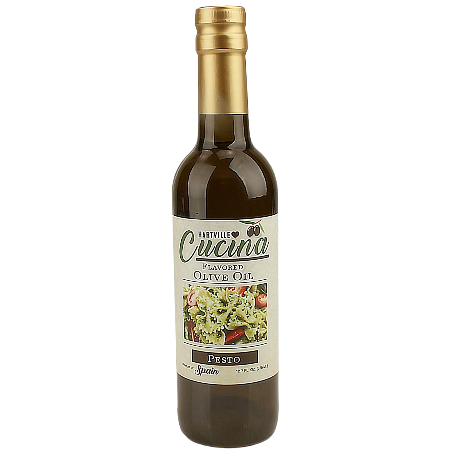 Glass bottle of pesto-flavored olive oil with gold cap in Oil & Vinegars and Food & Beverage collections