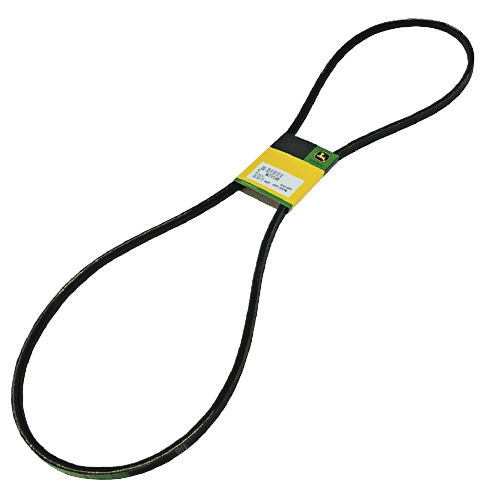 Black rubber traction drive belt with yellow-green label designed for tools and home improvement equipment maintenance