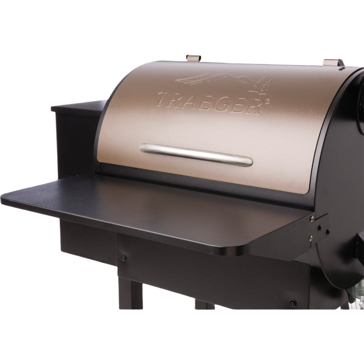 Front folding steel grill shelf attachment for Traeger Pro Series 22 and Pro 575 grills in home improvement use