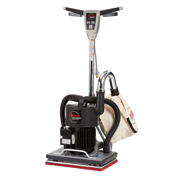 Compact American Sanders orbital sander with dust collection bag and ergonomic handle, designed for woodworking and rental power tools at Hartville Hardware.