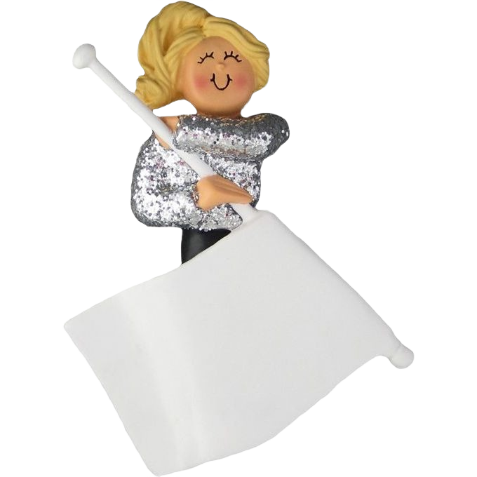 Blonde figurine holding a plain white flag wearing silver glitter top, festive Christmas tree ornament under 50 dollars