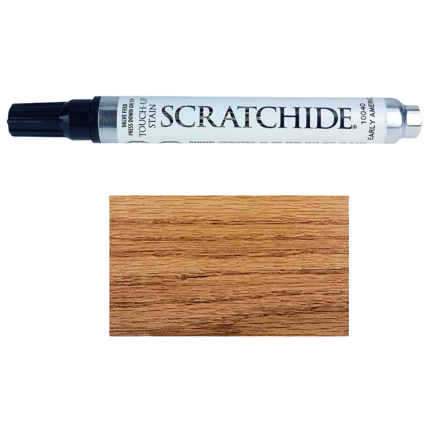 Touch-up pen for wood surfaces in early American stain color with black cap for home improvement use