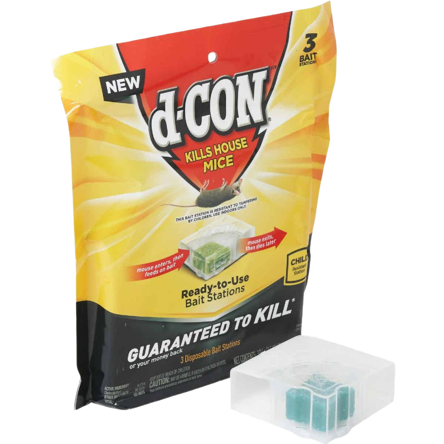 Package of three disposable corner fit bait stations with blue rodent poison blocks for home pest control use