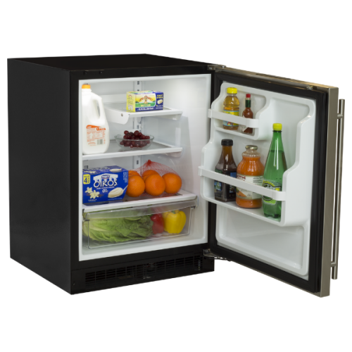 Compact black built-in refrigerator with right door swing, adjustable shelves, MaxStore bin, and door storage in Appliances collection
