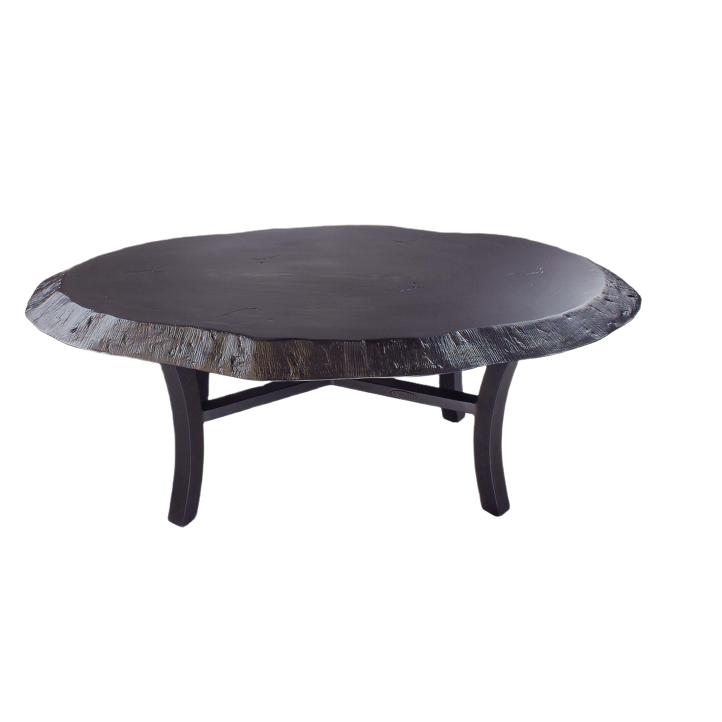 Dark wood coffee table with irregular live edge top and curved legs for rustic home decor and furniture use