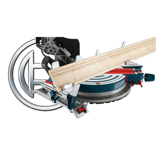 Miter saw with Bosch Crown Stop Kit holding wood for precise angled cuts in power tool accessories collection under $100