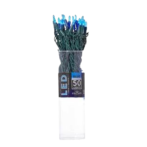 Compact bundle of 50 blue miniature LED string lights with green wiring for decorative home improvement use