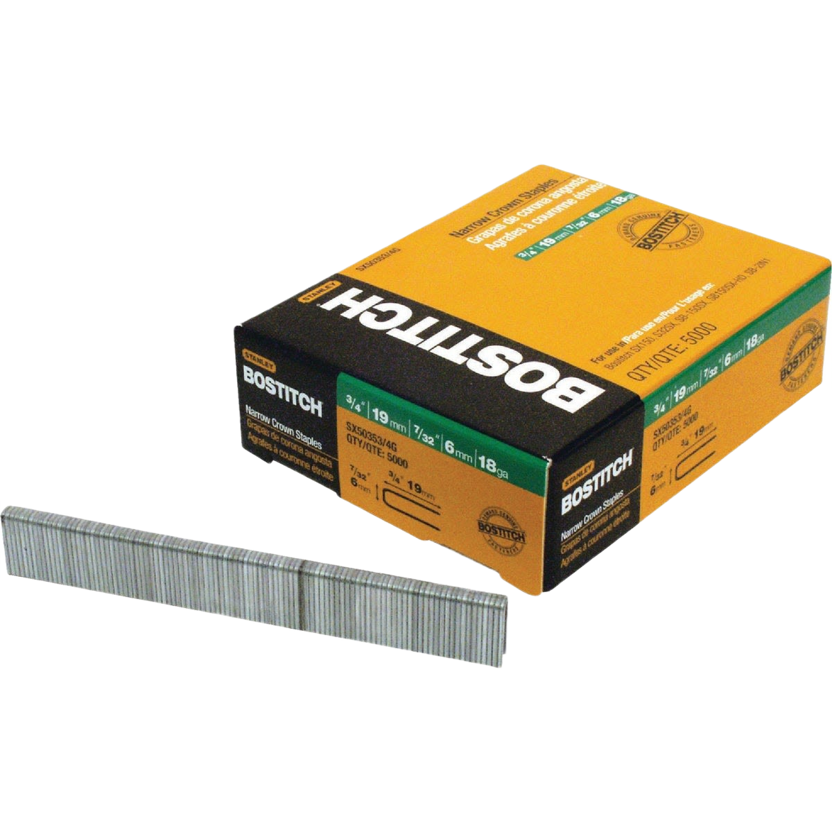 Box of Bostitch narrow crown finish staples with a strip of staples for fastening in hardware and tools collections
