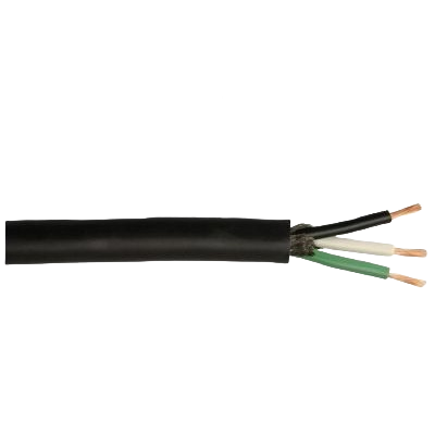 Black rubber electrical cord with exposed copper wires and colored insulation for home improvement and tools use