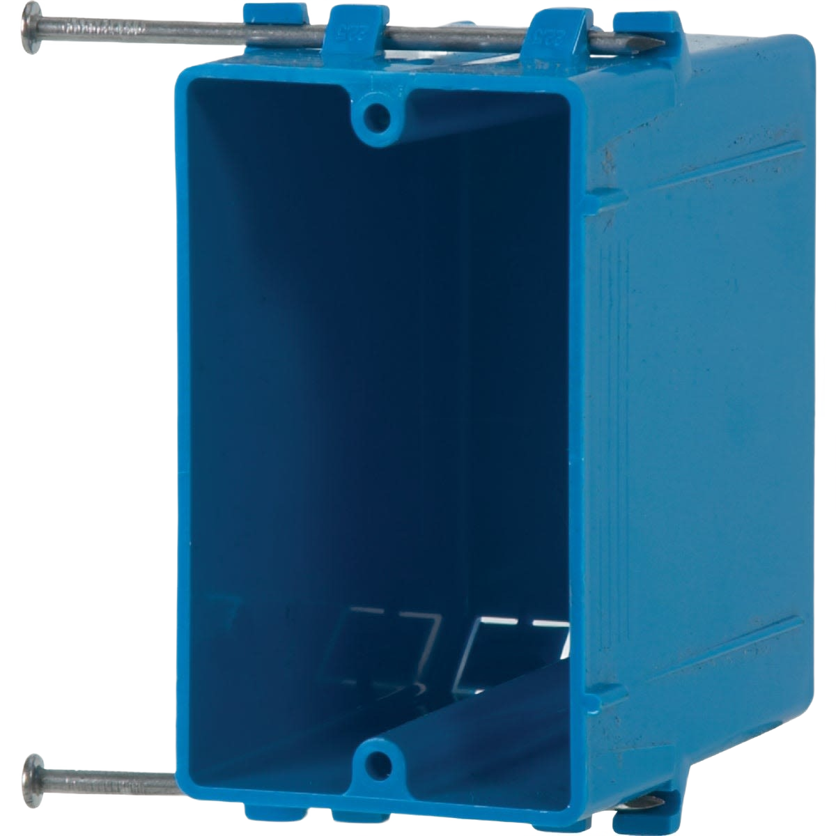 Blue PVC electrical wall box with mounting screws designed for one-gang switch installation in home improvement projects