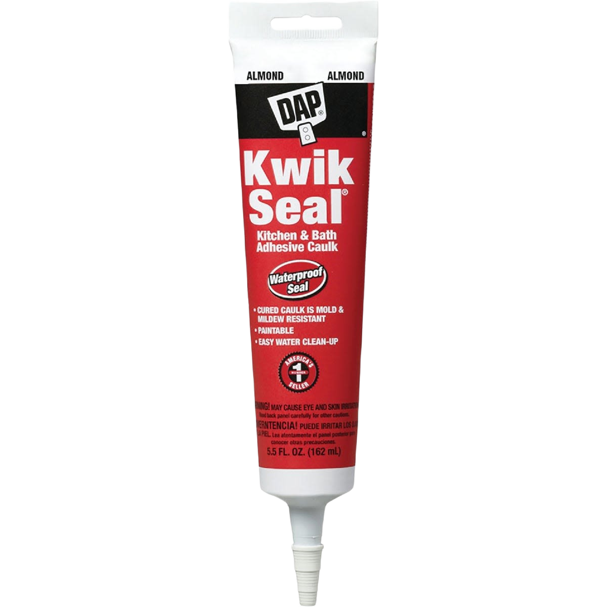 Tube of almond-colored adhesive caulk for kitchen and bath with a waterproof, mold-resistant formula for home improvement.