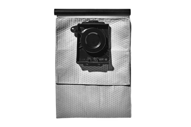 White longlife filter bag with black plastic collar for dust extraction in tools and home improvement projects