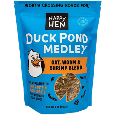 Blue resealable pouch of Happy Hen Duck Pond Medley with oat, worm, and shrimp blend visible through transparent window