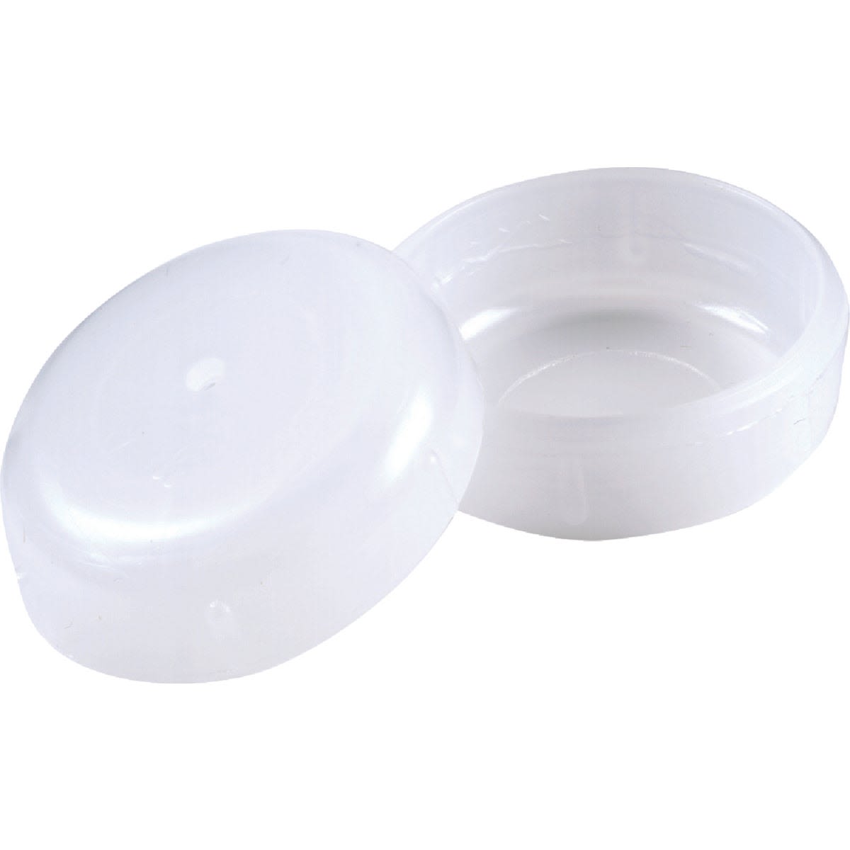 White round plastic caps designed to fit 1-1/2 inch wrought iron patio furniture legs for protection and durability