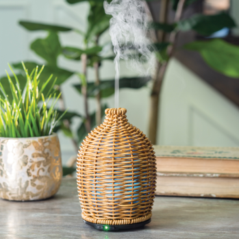 Medium rattan diffuser releasing fragrance steam beside green plant and stacked books in home decor setting