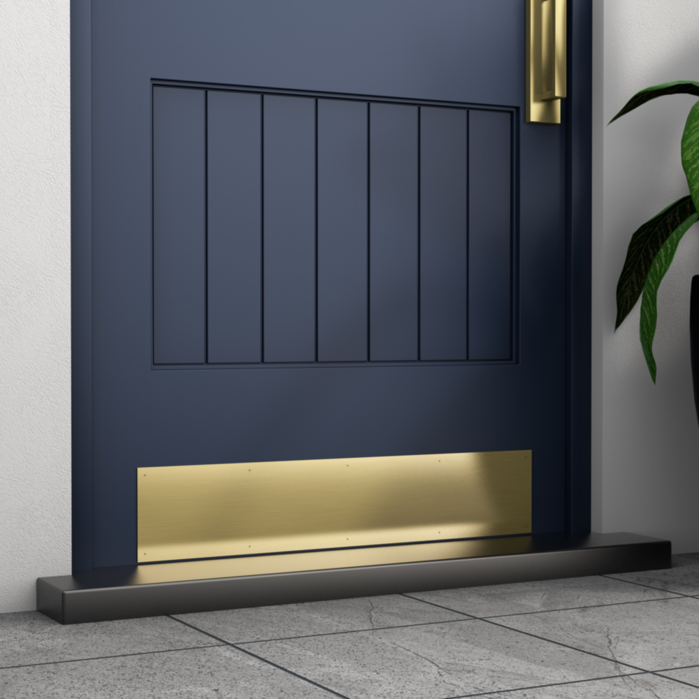 Brushed gold aluminum door kickplate protecting a blue interior door in home improvement hardware and door accessories