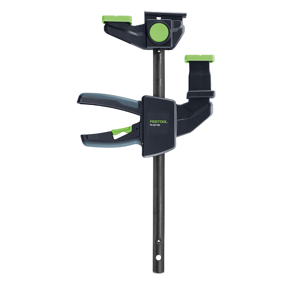 Black and green ergonomic one-handed clamp for woodworking and power tool accessories in tool and home improvement collections