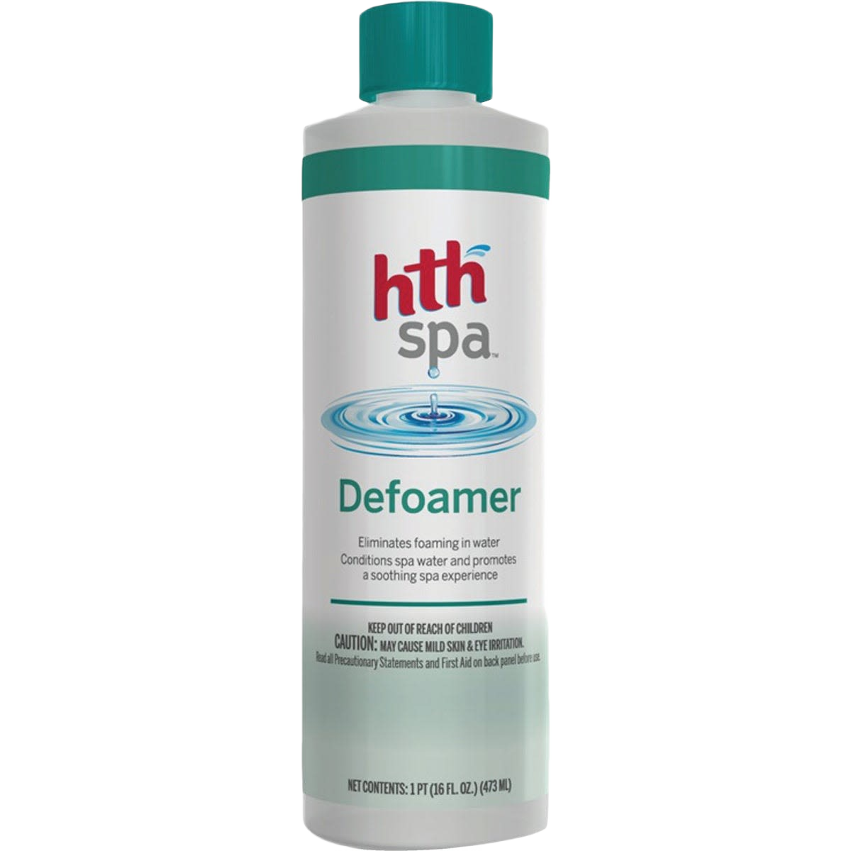 White plastic bottle of HTH Spa Defoamer with teal cap and label for reducing foam in water spa maintenance