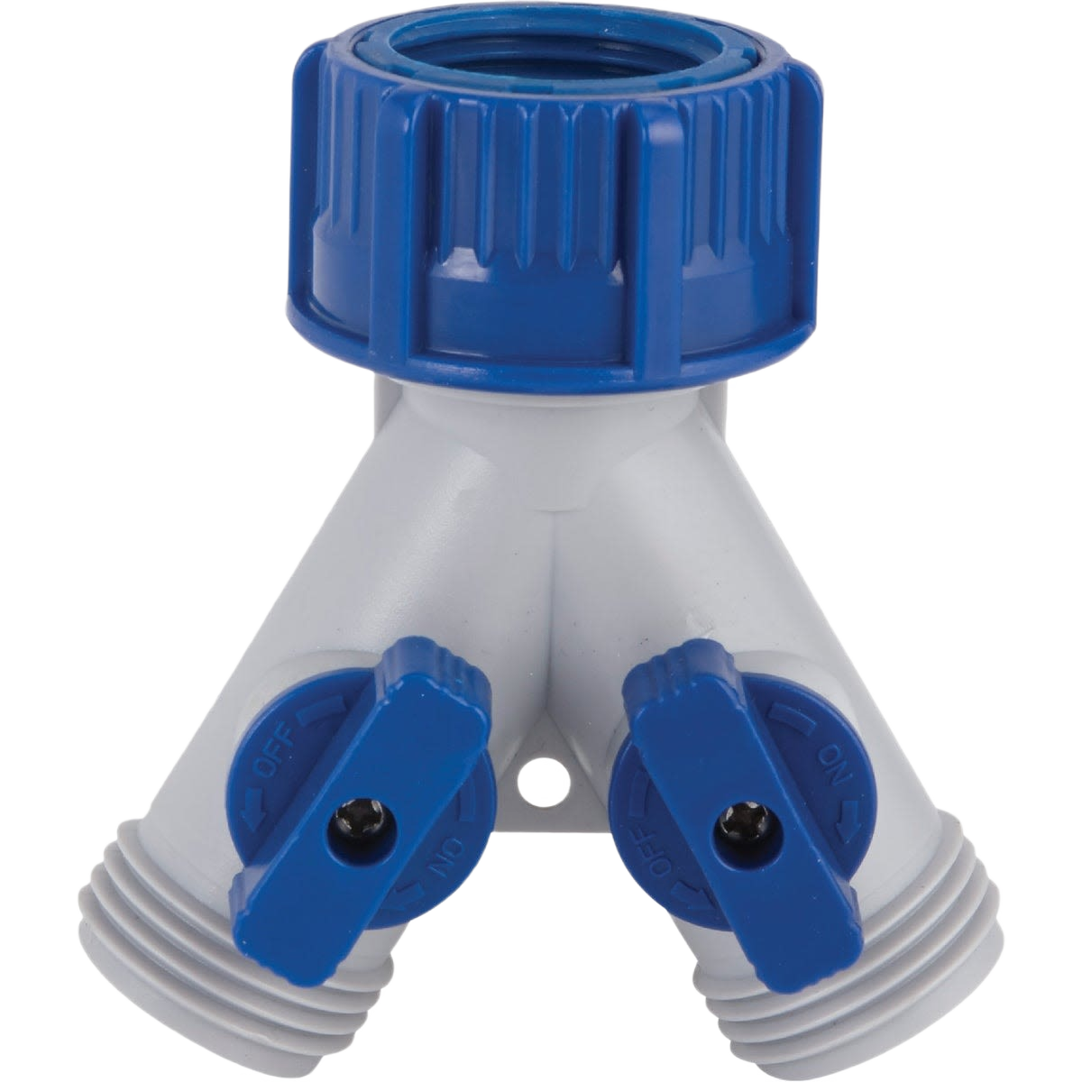 Blue and white poly Y-connector with dual shutoff valves for watering and irrigation in lawn and garden tools collections