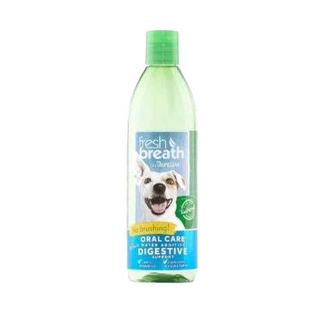 Clear plastic bottle of TropiClean fresh breath water additive with green cap and dog image on label