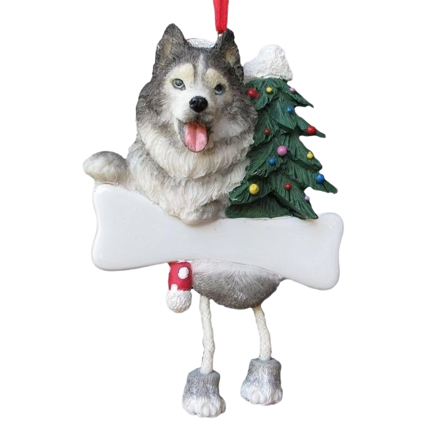 Personalized Siberian Husky Christmas ornament with dangling legs and decorated tree for festive holiday décor under $50 collection