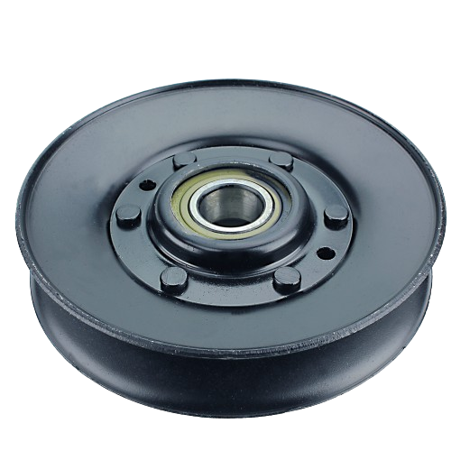 Black metal idler pulley with bearing for automotive and John Deere parts, suitable for mechanic tools and accessories collections