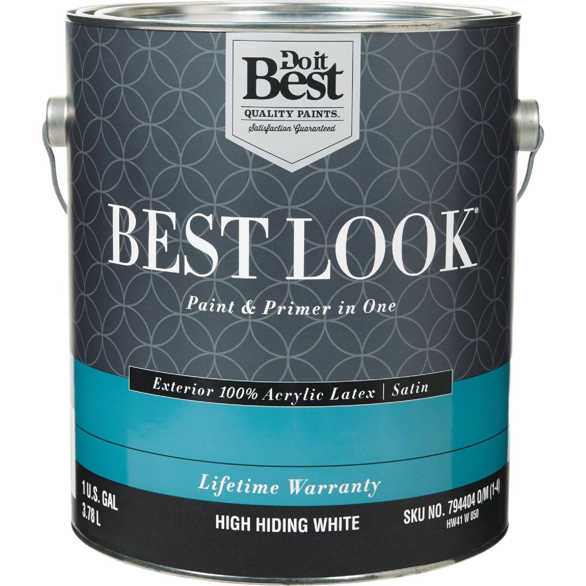 1-gallon can of satin finish exterior acrylic latex paint with high hiding white color for home improvement use
