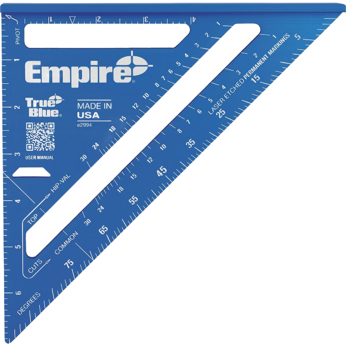 Blue aluminum rafter square with laser-etched markings for precise woodworking and home improvement measuring tasks