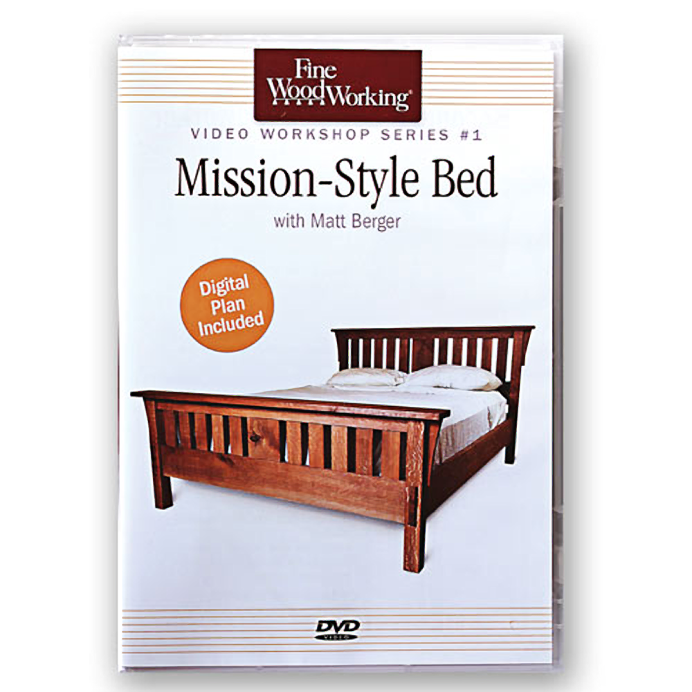 Wooden mission-style bed with slatted headboard and footboard shown on educational woodworking DVD cover