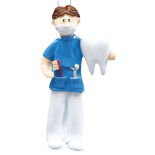 Male dentist ornament holding oversized tooth with dental tools for Christmas tree décor under $50